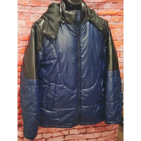 True Religion Puffer Jacket Men's Large Blue Shiny Detachable Hooded Full Zip - Picture 5 of 7